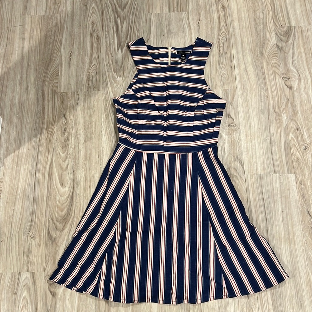 Aqua | cotton linen, striped dress with pockets, size small